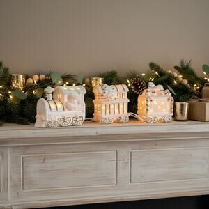 JCPenny Home Cream Bisque Christmas Train Light Set-Gold-w Box-Ceramic-Holiday